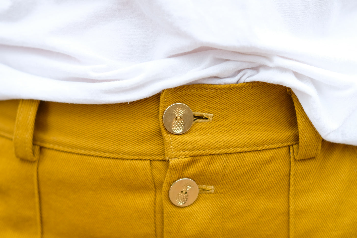 Pineapple Button Detail on Sarah's Golden Lander Pants