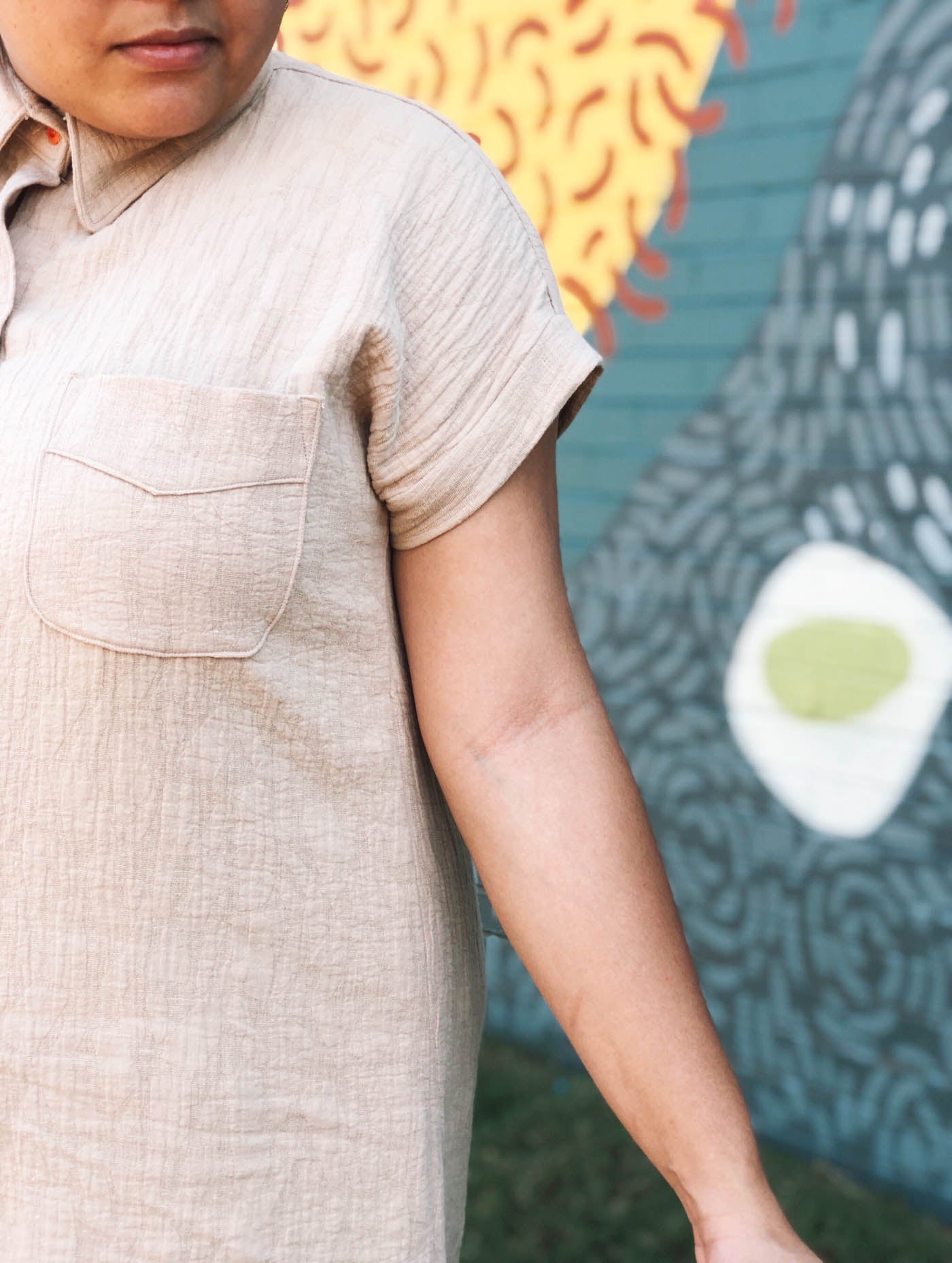 Close up photograph to showcase the pocket and sleeve on the Kalle Shirtdress