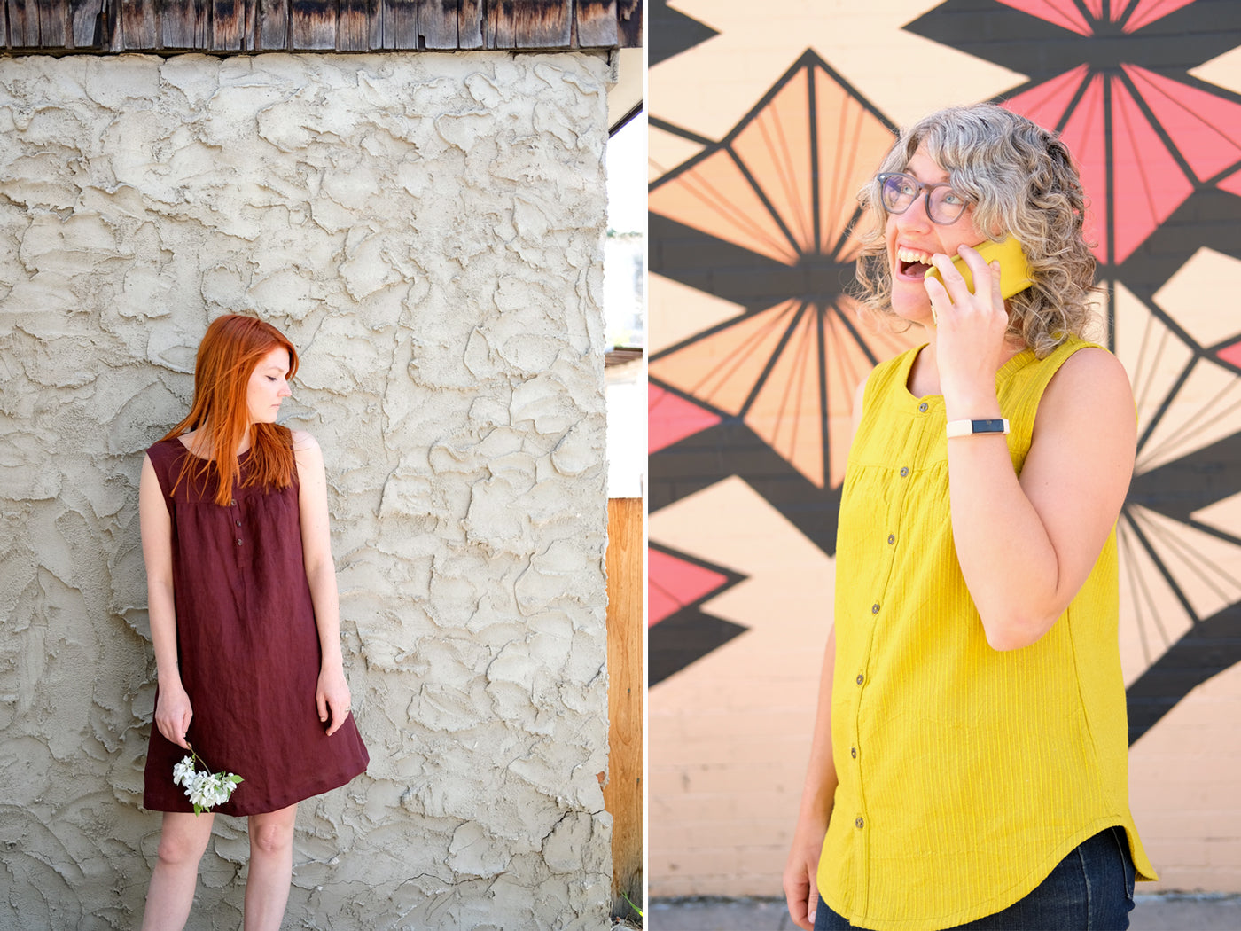 Two Sleeveless Bromes- A Alison Glass Mariner Cloth shirt and a Burgundy Linen dress