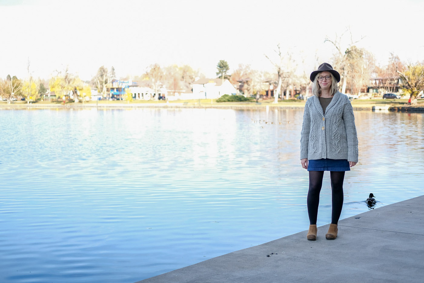 Cabled Junegrass Cardigan by the lake