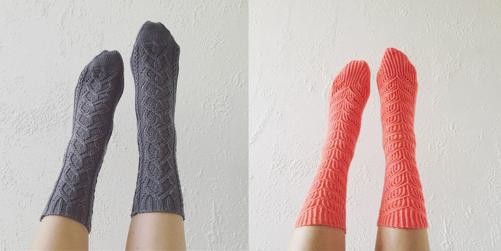 Two pairs of lace socks on feet up in the air