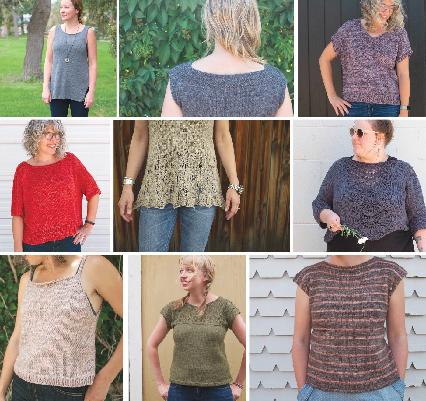 A collage of nine photos, each features one of the fancy tiger folks wearing various summery handknit tops. Several feature lacework, some are simple tanks, and some are simple tees.