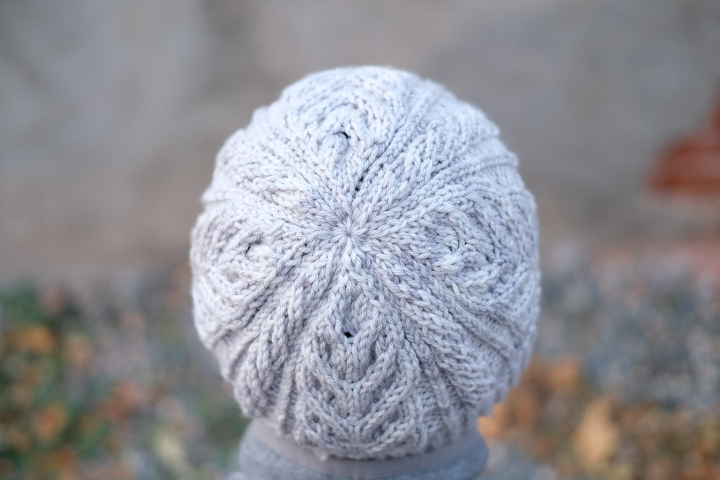 Victoria's Grey Lake Reed hat from above showing clean decrease pattern