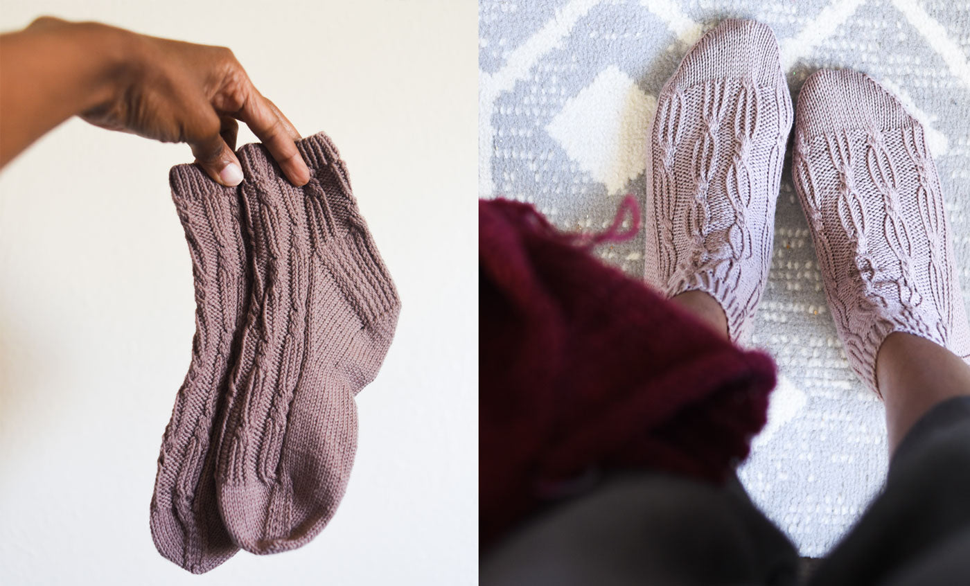 Two images, on the left a hand holds a pair of cables ankle socks. On the right an image looking down at two feet wearing the Apart Together cabled ankle socks. 