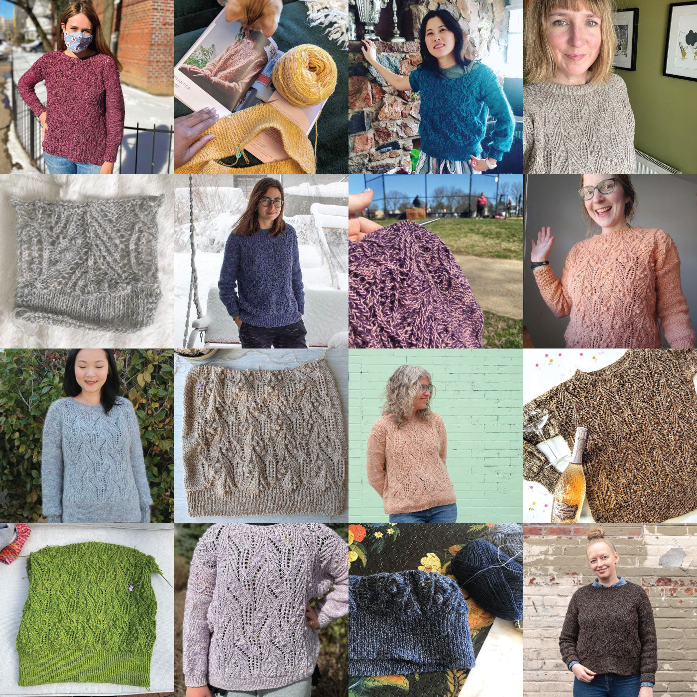 A collage with a grid of 16 photos of sweaters from folks who shared their sweaters on Instagram. The sweaters are in all colors and states of completion.