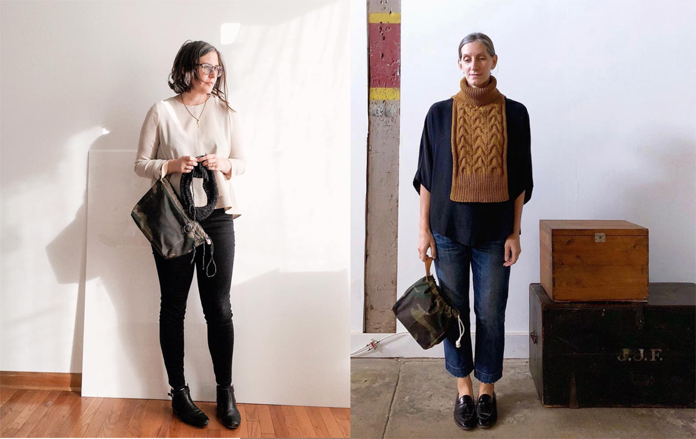 This is an image of Jen Beeman and Karen Templer both standing in different locations holding a knitting bag. 