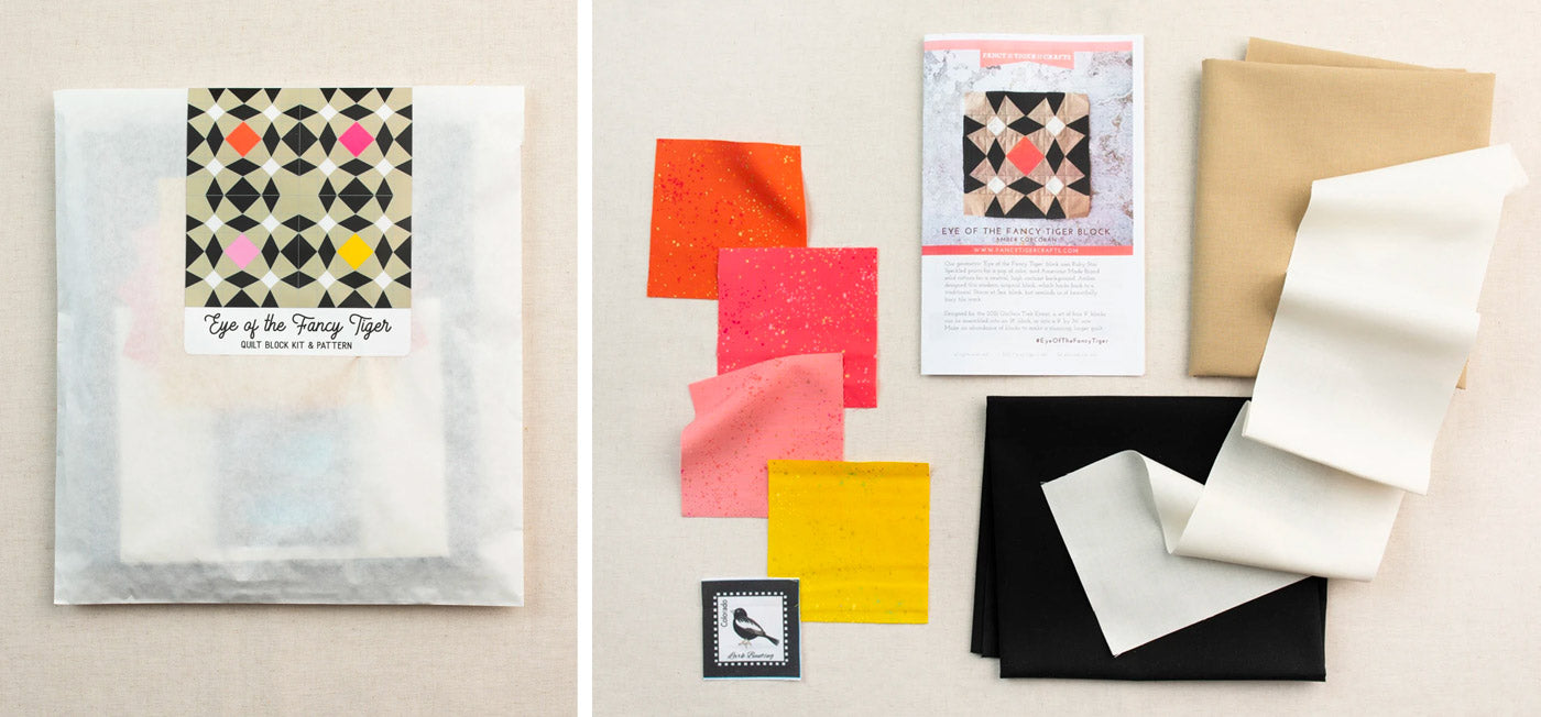 On the left, a quilt kit packages in a glassine bag, the label shows a geometric quilt block in black, tan, white and pops of orange, pink and yellow. On the right, the kit is laid out showing the fabrics and patter included, as well as a small "fabric token".