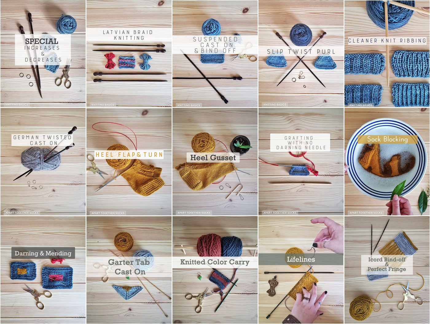 A tiled image of screenshots from 15 different knitting tutorials.