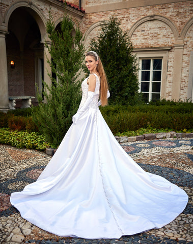 Couture Bridal Satin A-line Gown by Fashion House of Alesia C. Lake Forest, IL USA AlesiaC.com