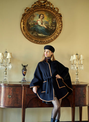 Black Cashmere Wool Luxury Designer Cape-Coats with Brown Leather Trim and 100% Silk Scarves by Alesia C. AlesiaC.com