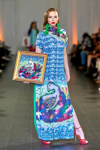 Alesia Chaika Wearable Art Fall/Winter 2022 at the Museum Of Conterporary Art Chicago on October 10th, 2022 Alesia Chaika "Bird of Happiness" Wearable Art Long Dress and Silk Scarves