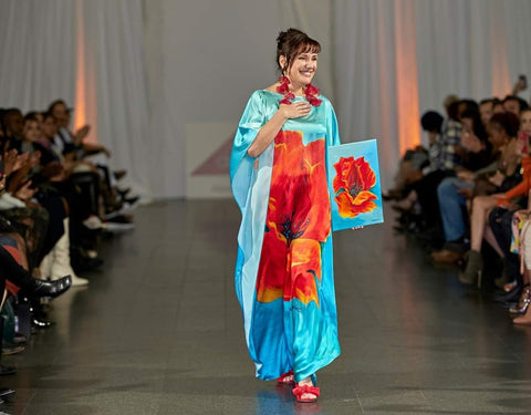 Alesia Chaika fashion designer at the Museum Of Conterporary Art Chicago in her pure silk caftan gown inspired by her original artwork "Flower Of Inspiration", Illinois, USA