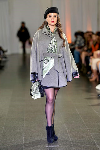 Alesia Chaika Wearable Art Fall/Winter 2022 at the Museum Of Conterporary Art Chicago on October 10th, 2022 Cashmere Cape Coat Grey Black, Alesia C. Manadala Silk Scarf, Wool Beret