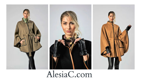 Luxury Designer Belted Cape Coat Women with sleeves on sale by Alesia Chaika Chicago