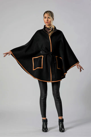 Luxury Designer Black Belted Cape Coat Women with sleeves on sale by Alesia Chaika Chicago