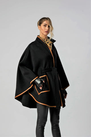 Luxury Designer Belted Cape Coat Women with sleeves on sale by Alesia Chaika Chicago