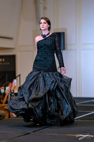 Black Mermaid Lace Bodice Organza Ruffle Skirt Gown Dress with Long one sleeve by Alesia Chaika at Chicago Fashion Week Palmer House Hilton Hotel 