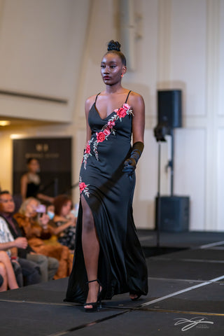 Black Sheath Stretch Dress With Front Slit and Red Wild rosed embroidery Evening Dress by Alsia Chaika Chicago Fashion Week at Palmer House Hilton Hotel Chicago