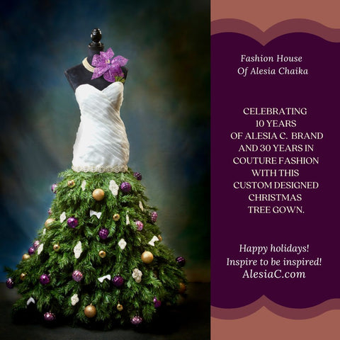 Chicago Northshore Artist and Fashion Designer Alesia Chaika celebrates 10 years of Alesia C. brand and 30 years in couture fashion with custom designed couture Christmas tree