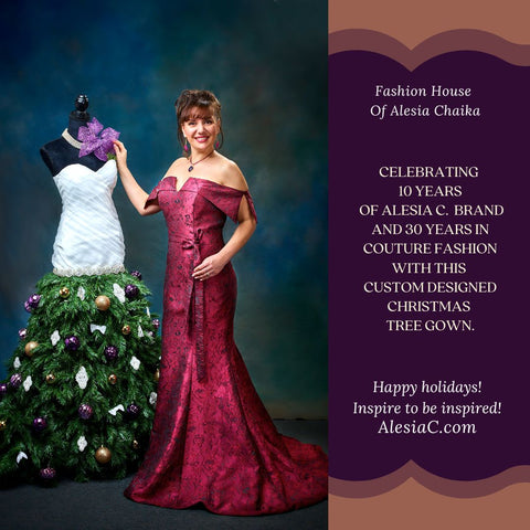 Chicago Northshore Artist and Fashion Designer Alesia Chaika celebrates 10 years of Alesia C. brand and 30 years in couture fashion with custom designed couture Christmas tree