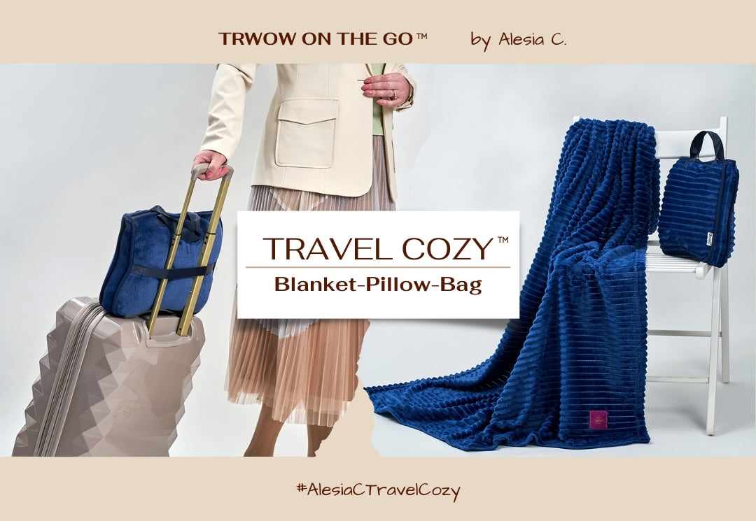 Navy Blue Travel Blanket Travel Cozy Blanket Pillow Bag by Fashion Designer Alesia C. AlesiaC.com