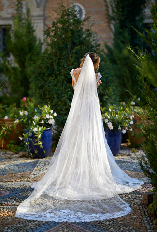 Couture Bridal Long Veil and Dress With Detachable Skirt by Alesia C. Lake Forest, IL Fashion House AlesiaC.com
