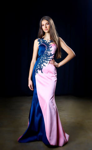 Navy Lace and Pink Fitted Couture Evening Dress by Fashion House of Alesia C. Lake Forest, IL USA