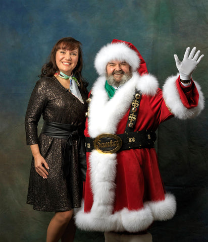 Chicago fashion designer Alesia Chaika with her client Santa in custom costume designed and crafted at Alesia's atelier in Buffalo Grove, IL USA. Photo: Peter Koutun Photography