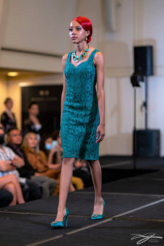 Emerals Green Alencon Lace Fitted Short Cocktail Dress With Front Slit by Alsia Chaika Chicago Fashion Week at Palmer House Hilton Hotel Chicago