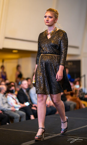 Gold Black Stretch Jacquard A Line VNeck 3/4 sleeves Cocktail Royal Blue Stretch Velvet With 3/4 Slit Sleeves Cocktail Dress by Alesia Chaika at Model Icon Chicago Fashion Week at Palmer House Hilton Hotel Chicago October 3rd, 2021 AlesiaC.com
