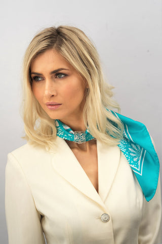 How to Wear Pure Silk Scarves over neck with scarf ring HighLand by Chicago Fashion Designer Alesia C. AlesiaC.com