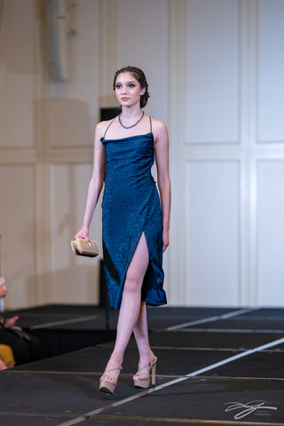 Navy Blue Cheetah Silk Jacquard Cocktail Dress ith Front Slit by Alsia Chaika Chicago Fashion Week at Palmer House Hilton Hotel Chicago