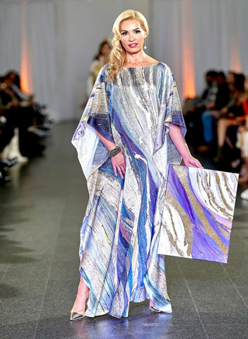 The "Purple Road" modern abstract pure silk caftan inspired by the original artwork presented in "Alesia C. Art-A-Porte" wearable art by Alesia Chaika at the Museum of Contemporary Art Chicago in 2022