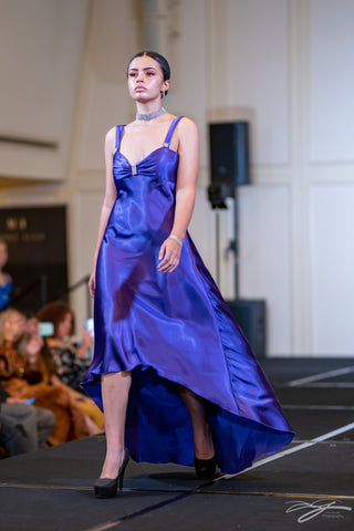 Purple High Low Silk Dress with Open Back Cocktail Dress With Front Slit by Alsia Chaika Chicago Fashion Week at Palmer House Hilton Hotel Chicago