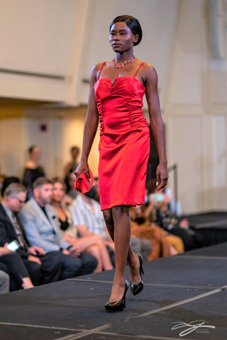 Red Stretch Silk Fitted Cocktail Dress by Alesia Chaika at Model icon Chicago Fashion Week at Palmer House Hilton Hotel Chicago