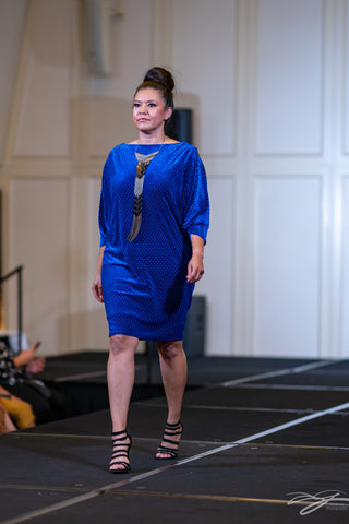 Royal Blue Stretch Velvet Long Sleeves Cocktail Dress With Front Slit by Alsia Chaika Chicago Fashion Week at Palmer House Hilton Hotel Chicago