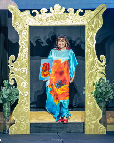 Alesia Chaika Fine & Wearable Art Runway Fashion Show at The Lithuanian World Center in her pure silk caftan gown and original artwork "Flower of Inspiration"