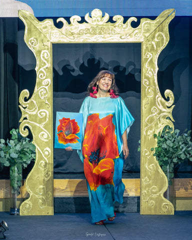 Alesia Chaika Fine & Wearable Art Runway Fashion Show at The Lithuanian World Center in her pure silk caftan gown and original artwork "Flower of Inspiration"
