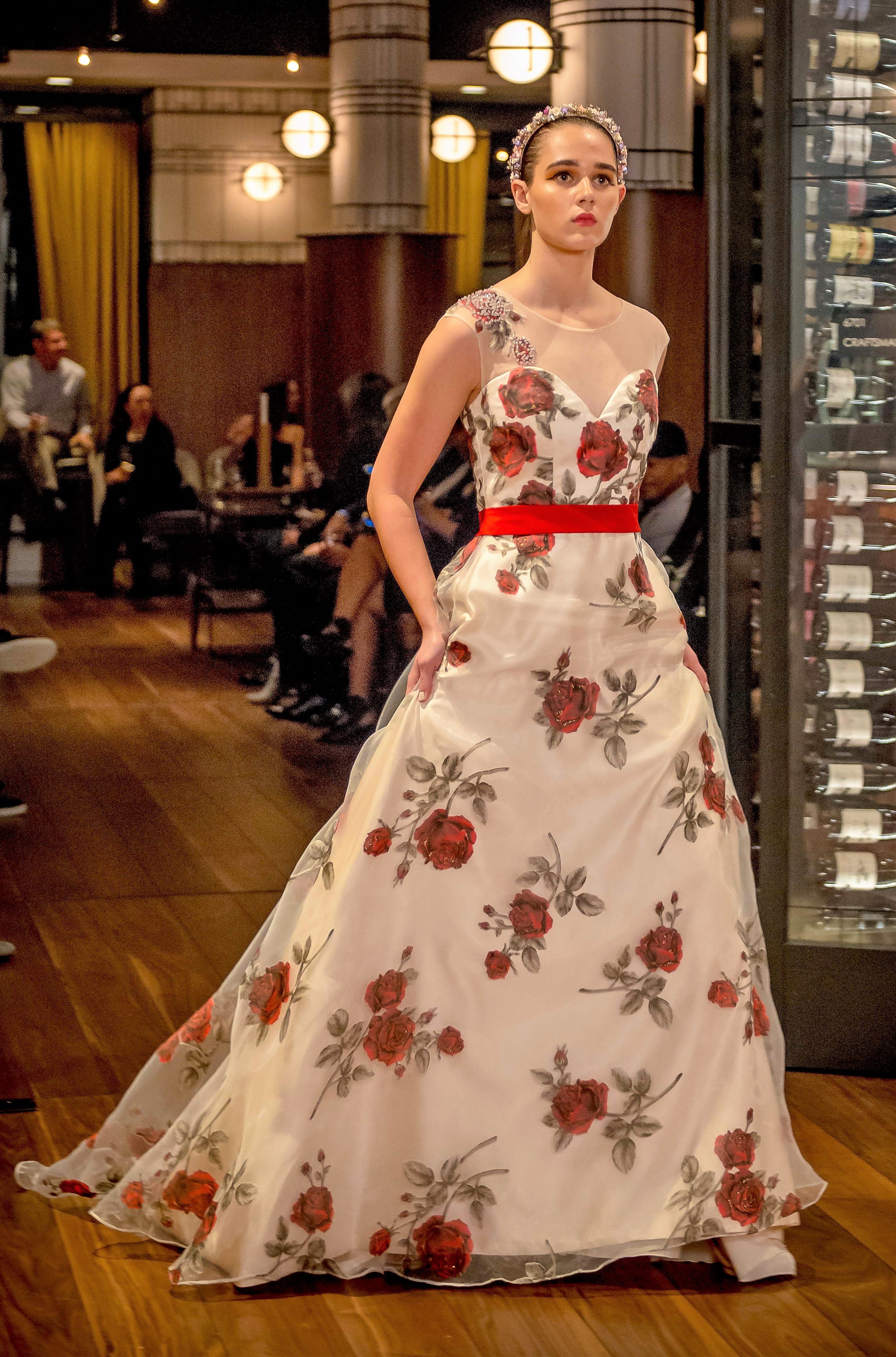 red floral ball gown