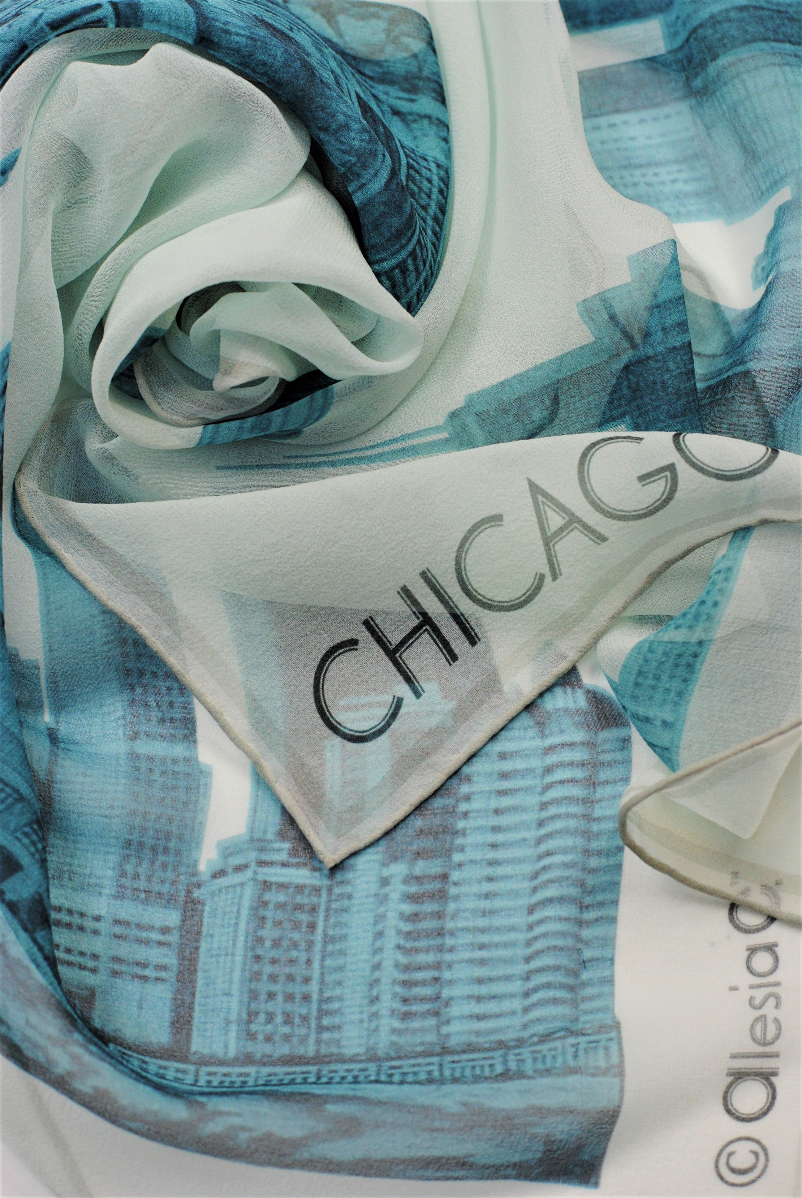 CHICAGO Skyline  Artwork Signature Pure Silk Georgette Scarf in Blue White Alesia C.