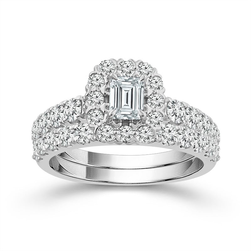 Emerald Cut Halo Lab Diamond Wedding Set