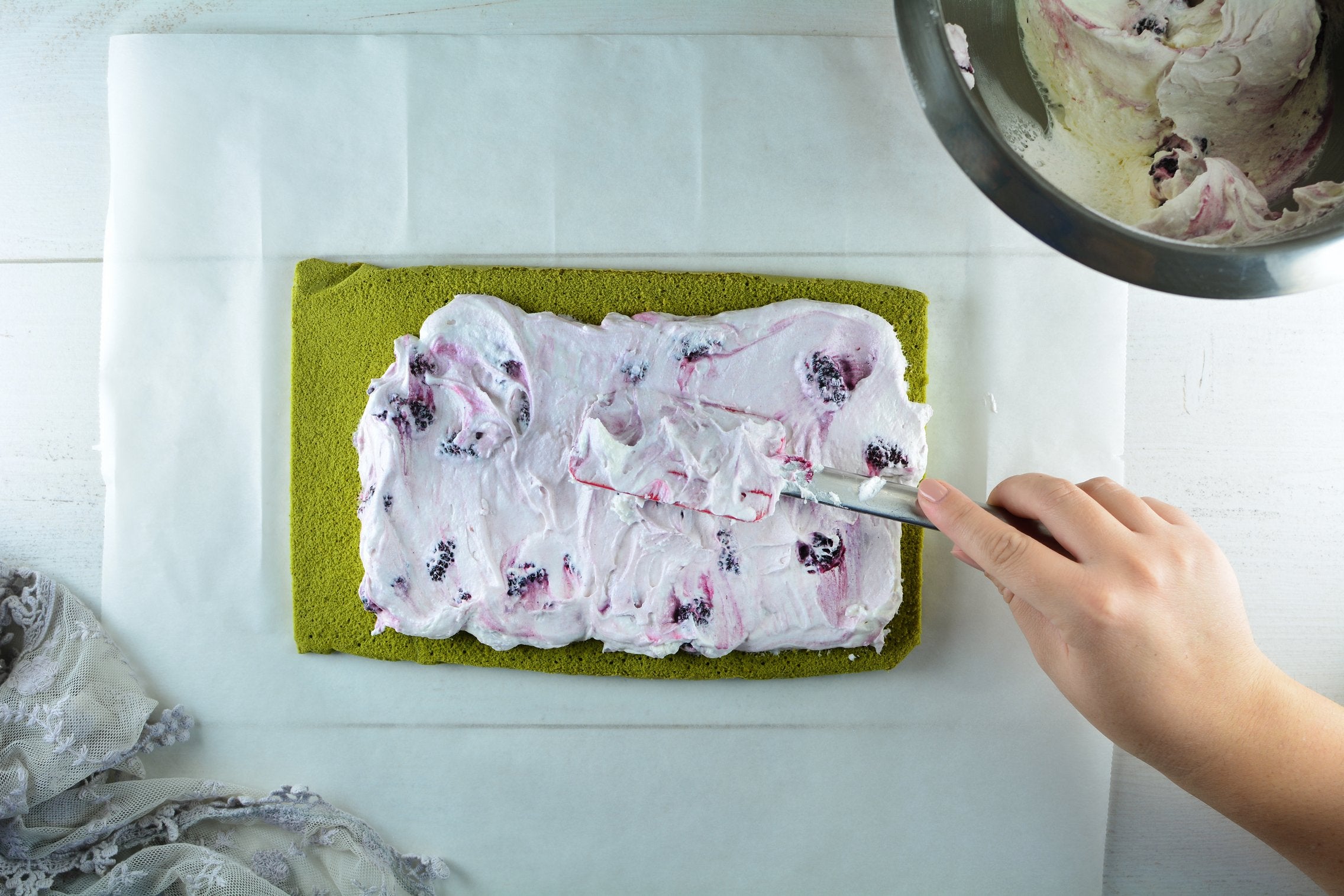 Matcha Mulberry Roll Cake preparation