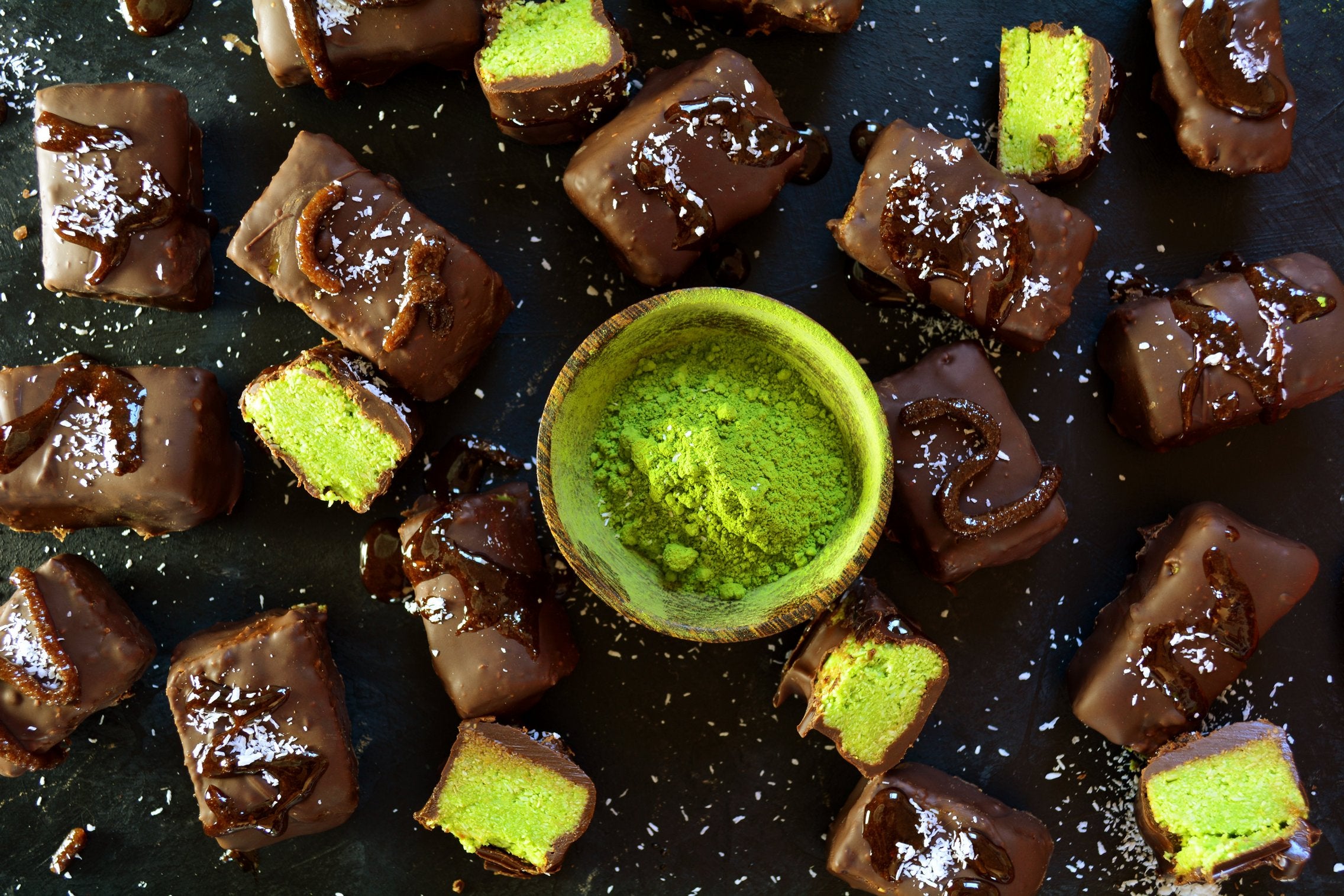 Matcha Bounties Vegan With Coconut Butter and Shredded Coconut