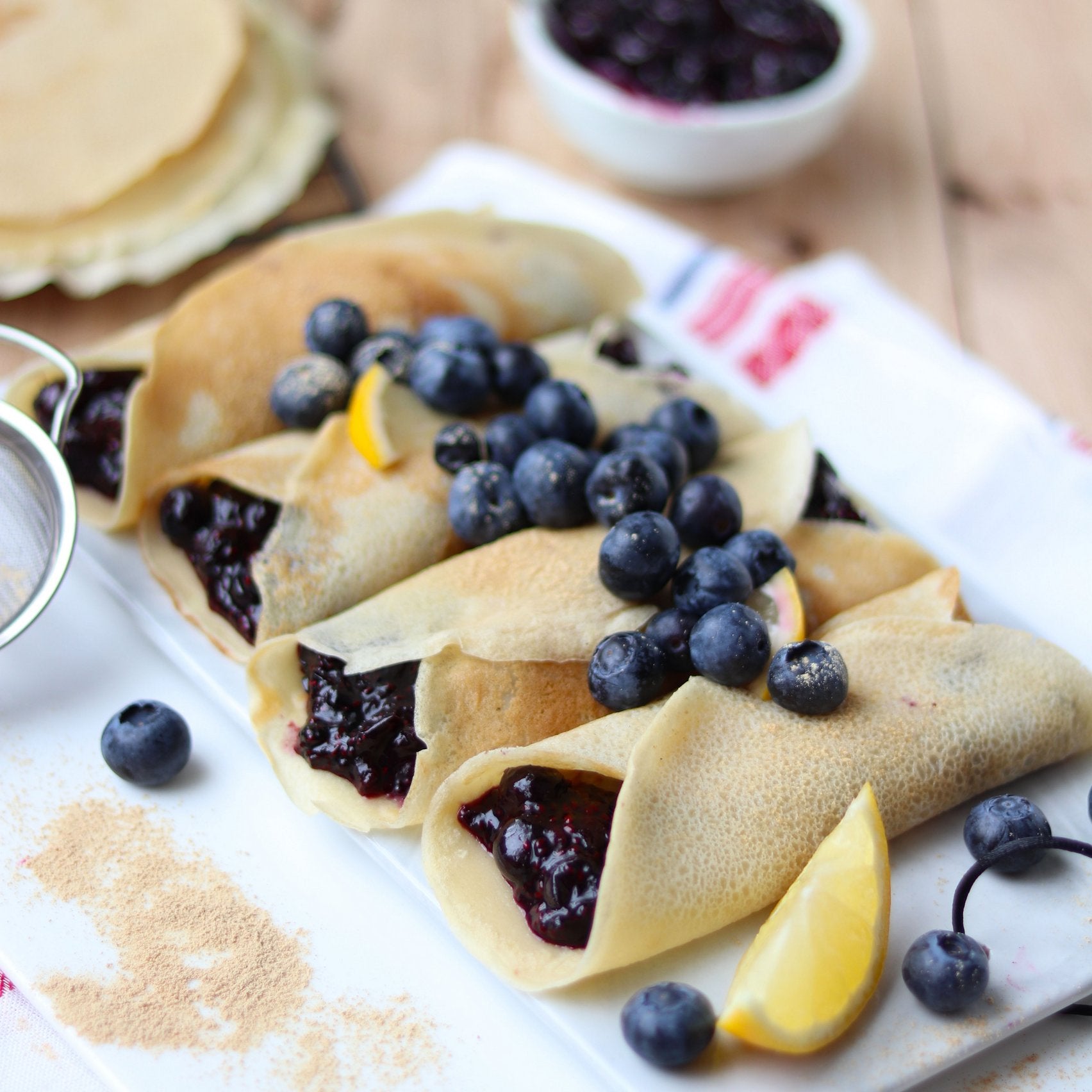 Maca Crepes with Blueberry and Chia Jam