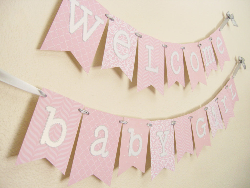 Light Pink And Silver Baby Shower Banner Welcome Baby Girl