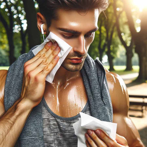 man using antibacterial wipe