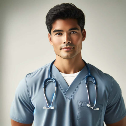 man in scrubs wearing undershirt