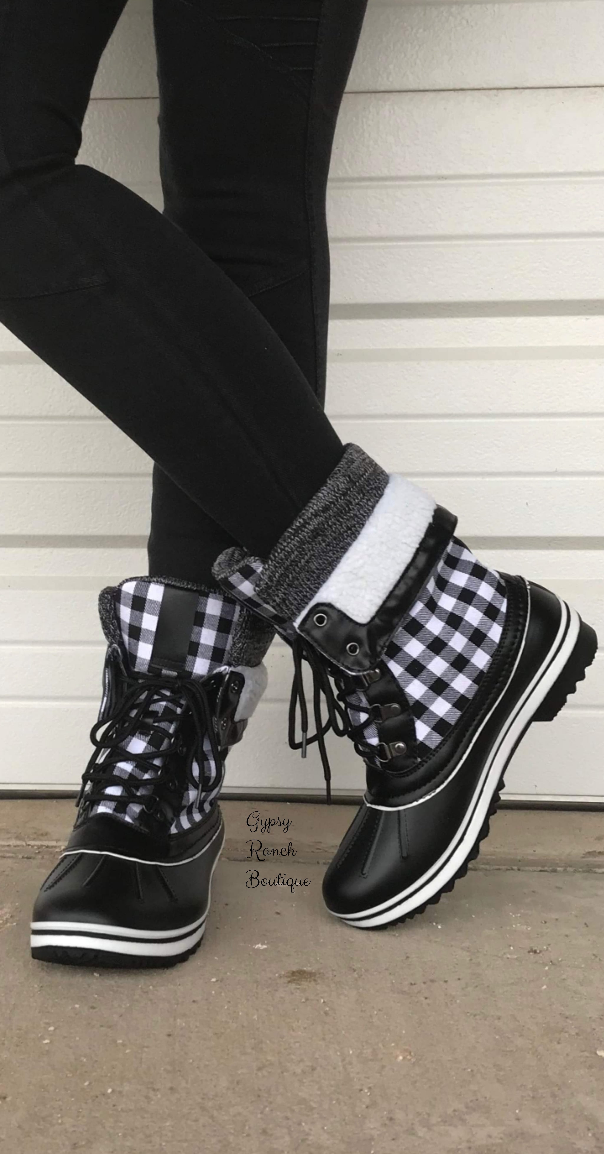 black and white plaid booties