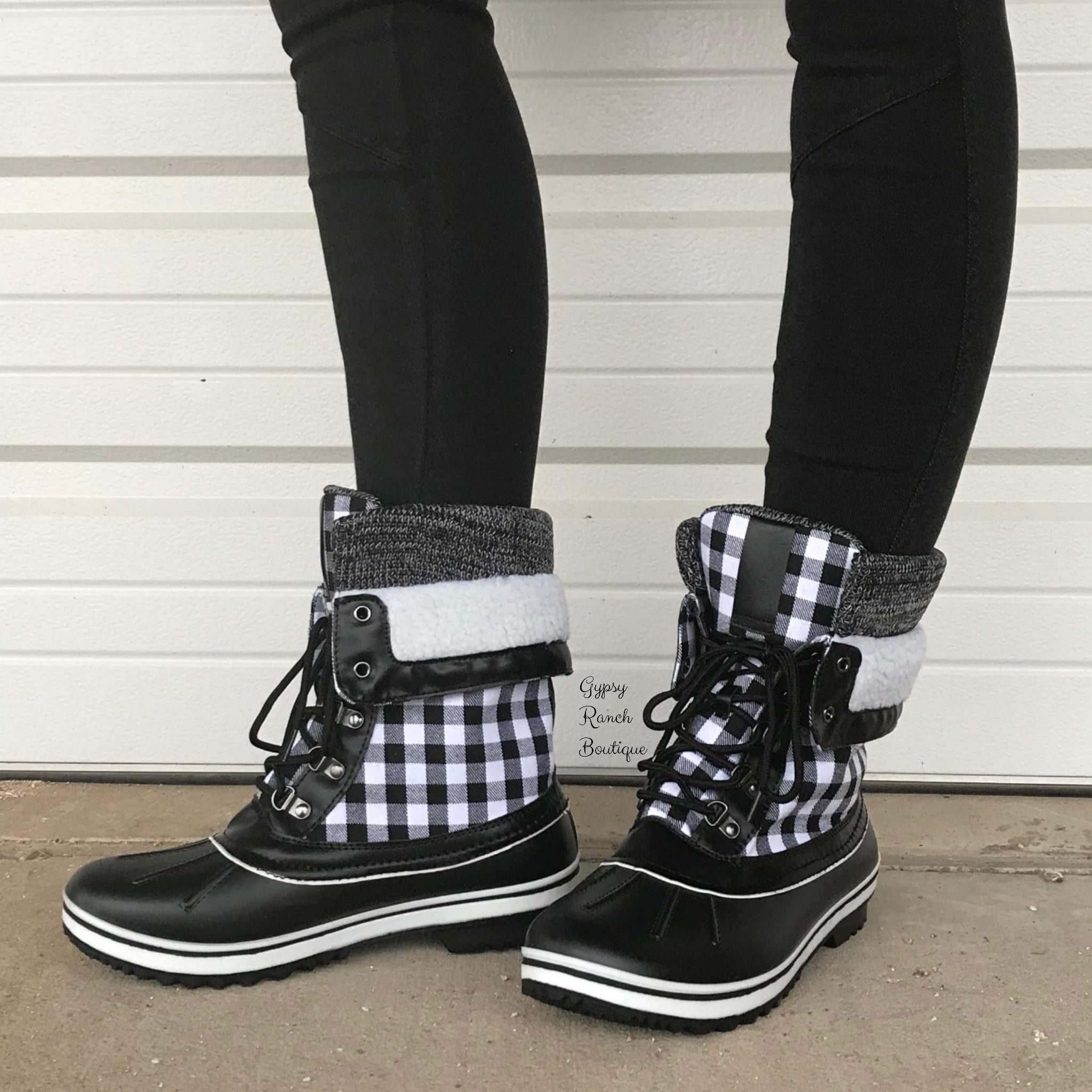 black and white checkered rain boots