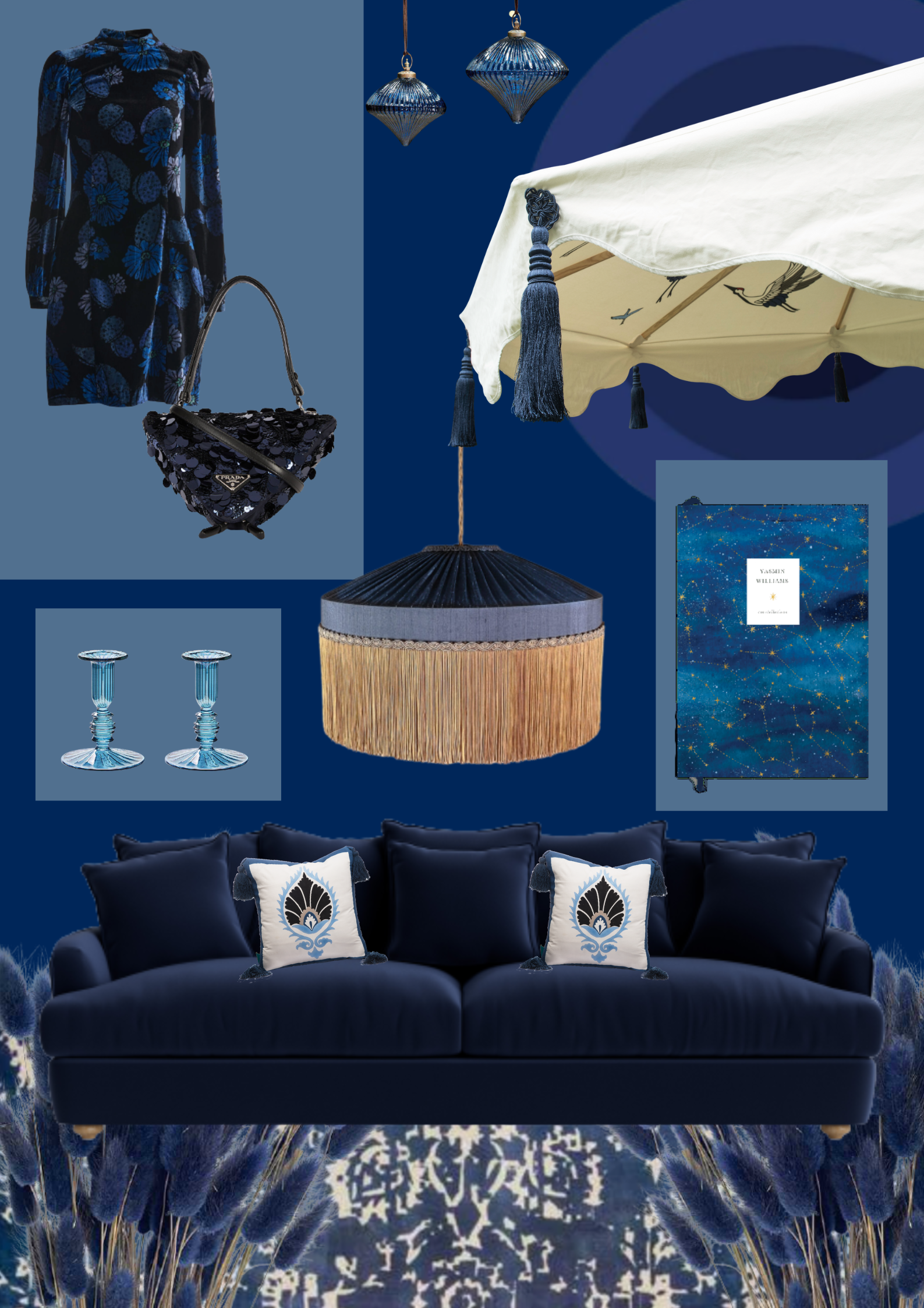 Indigo mood board with dress, couch, parasol, lamp, cushions and bag